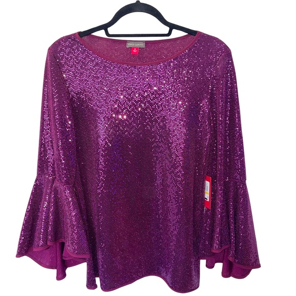 Vince Camuto Sequin/Metallic Bell Sleeve Top In Arresting Plum Size M NWT - Picture 2 of 13